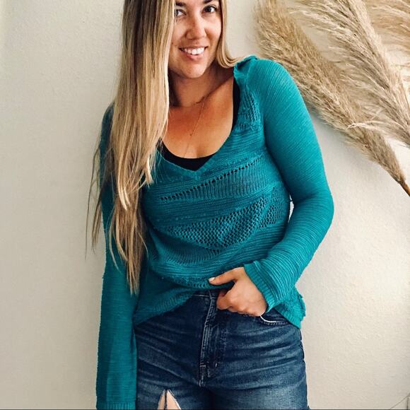 ANTHROPOLOGIE Turquoise Blue Patched Heather Hoodie VNeck Open Weave Sweater XS - Picture 1 of 11